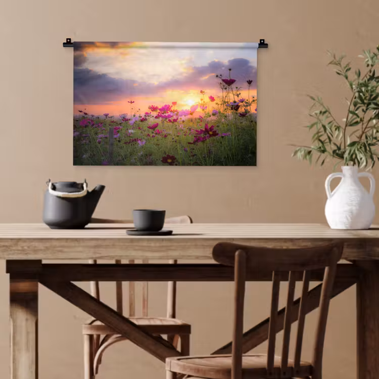 Bloemen - Roze - Zonsondergang - Natuur - Weide - Horizon Wandkleed katoen klein -sfeer6
