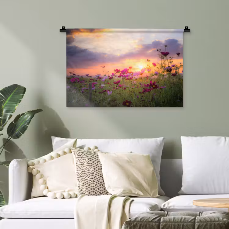 Bloemen - Roze - Zonsondergang - Natuur - Weide - Horizon Wandkleed katoen klein -sfeer7
