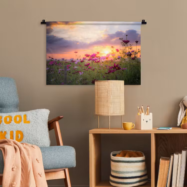 Bloemen - Roze - Zonsondergang - Natuur - Weide - Horizon Wandkleed katoen klein -wsfeer4_kind