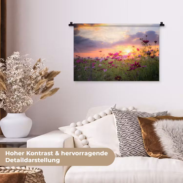 Bloemen - Roze - Zonsondergang - Natuur - Weide - Horizon Wandkleed katoen klein -tsfeer1_DE