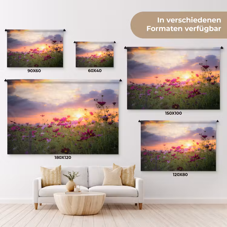 Bloemen - Roze - Zonsondergang - Natuur - Weide - Horizon Wandkleed katoen klein -tsfeer8_DE