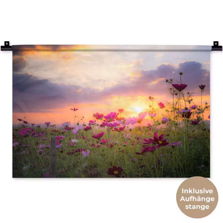 Bloemen - Roze - Zonsondergang - Natuur - Weide - Horizon Wandkleed katoen klein -t3d_DE
