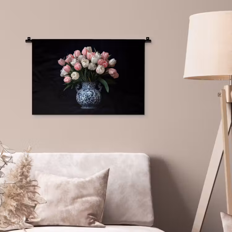 Bloemen - Roze - Tulpen - Vaas Wandkleed katoen klein -sfeer4
