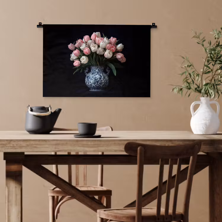 Bloemen - Roze - Tulpen - Vaas Wandkleed katoen klein -sfeer6