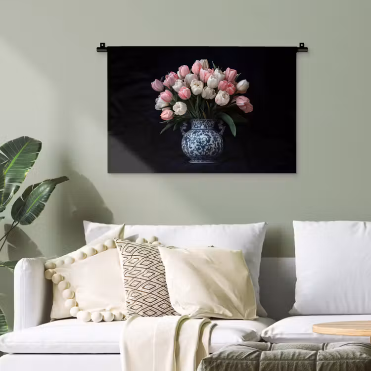 Bloemen - Roze - Tulpen - Vaas Wandkleed katoen klein -sfeer7