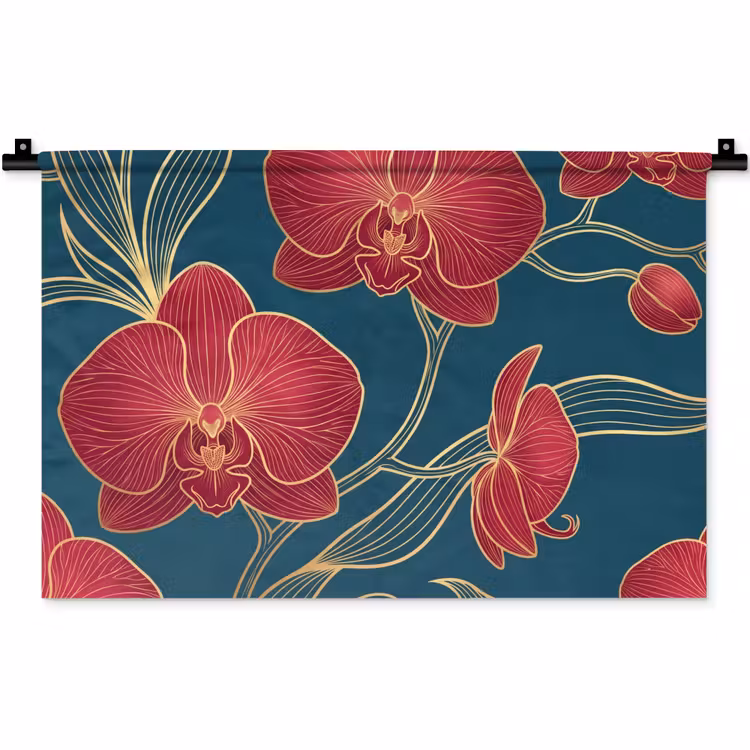 Wandteppich - Blumen – Rot – Gold - Bloemen - Rood - Goud Wandkleed katoen klein