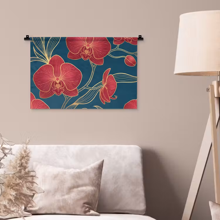 Wandteppich - Blumen – Rot – Gold - Bloemen - Rood - Goud Wandkleed katoen klein