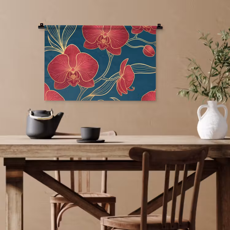 Wandteppich - Blumen – Rot – Gold - Bloemen - Rood - Goud Wandkleed katoen klein