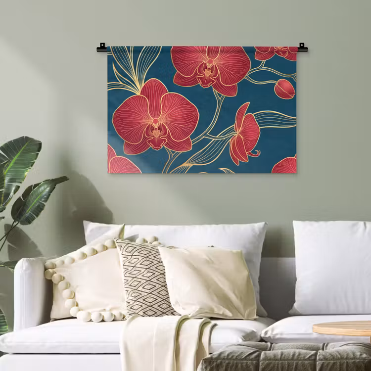 Wandteppich - Blumen – Rot – Gold - Bloemen - Rood - Goud Wandkleed katoen klein