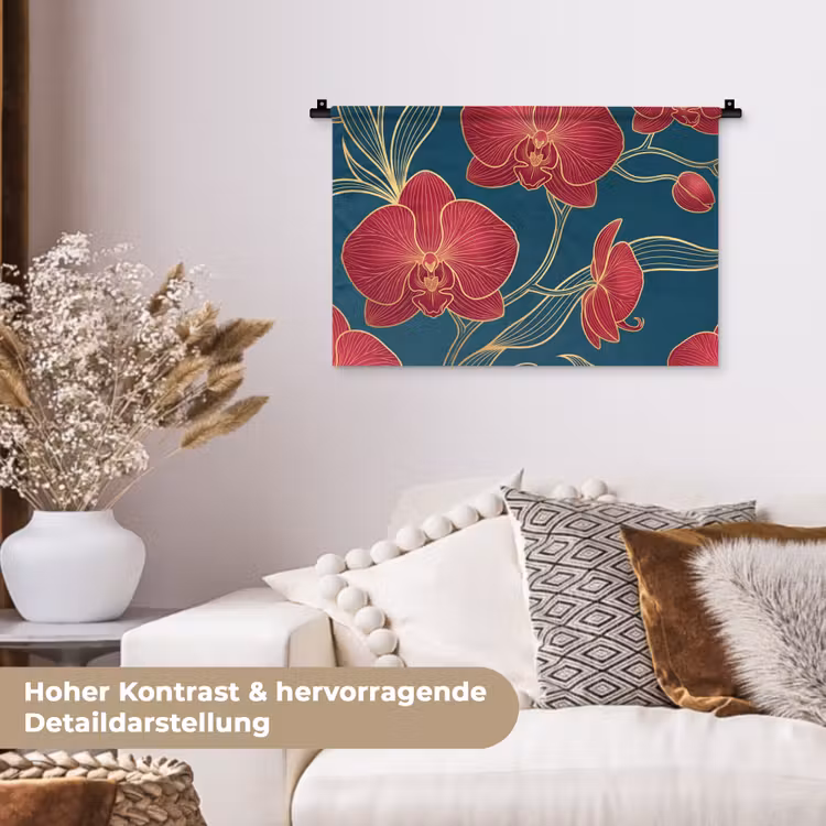 Wandteppich - Blumen – Rot – Gold - Bloemen - Rood - Goud Wandkleed katoen klein