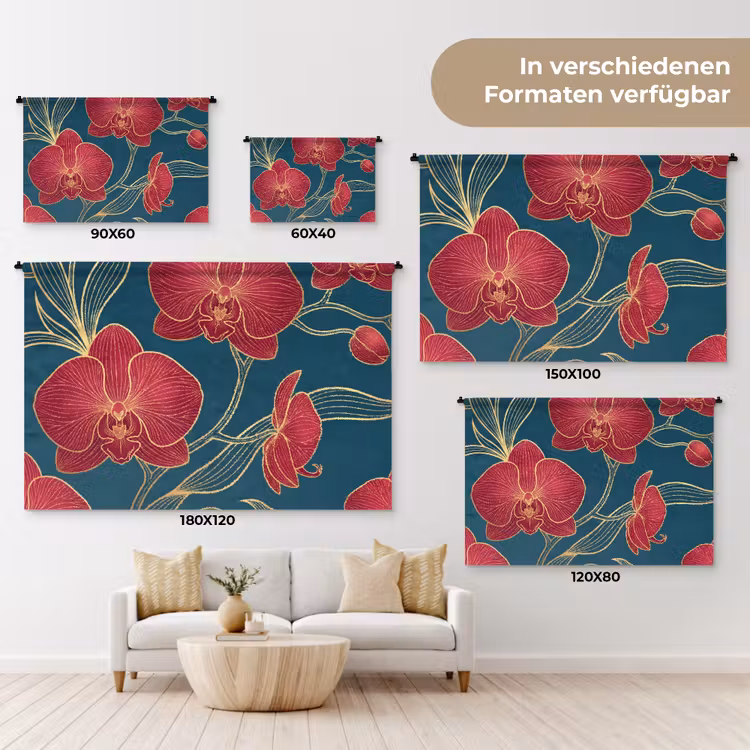 Wandteppich - Blumen – Rot – Gold - Bloemen - Rood - Goud Wandkleed katoen klein