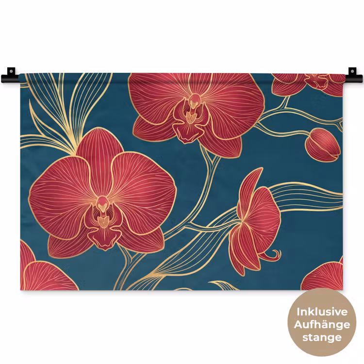 Wandteppich - Blumen – Rot – Gold - Bloemen - Rood - Goud Wandkleed katoen klein