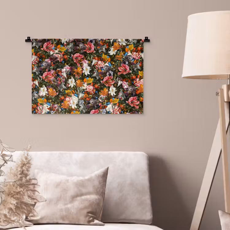 Bloemen - Vlinder - Design - Kunst - Abstract - Schilderij - Oude meesters Wandkleed katoen klein -sfeer4