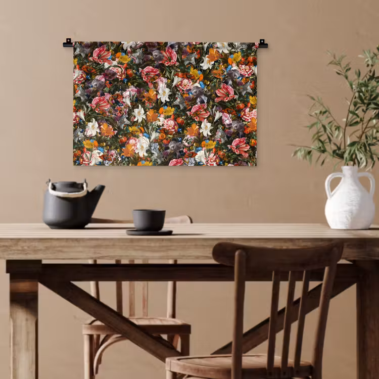 Bloemen - Vlinder - Design - Kunst - Abstract - Schilderij - Oude meesters Wandkleed katoen klein -sfeer6