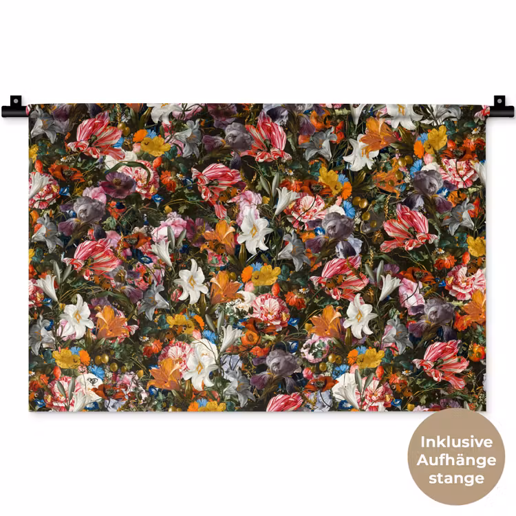 Bloemen - Vlinder - Design - Kunst - Abstract - Schilderij - Oude meesters Wandkleed katoen klein -t3d_DE
