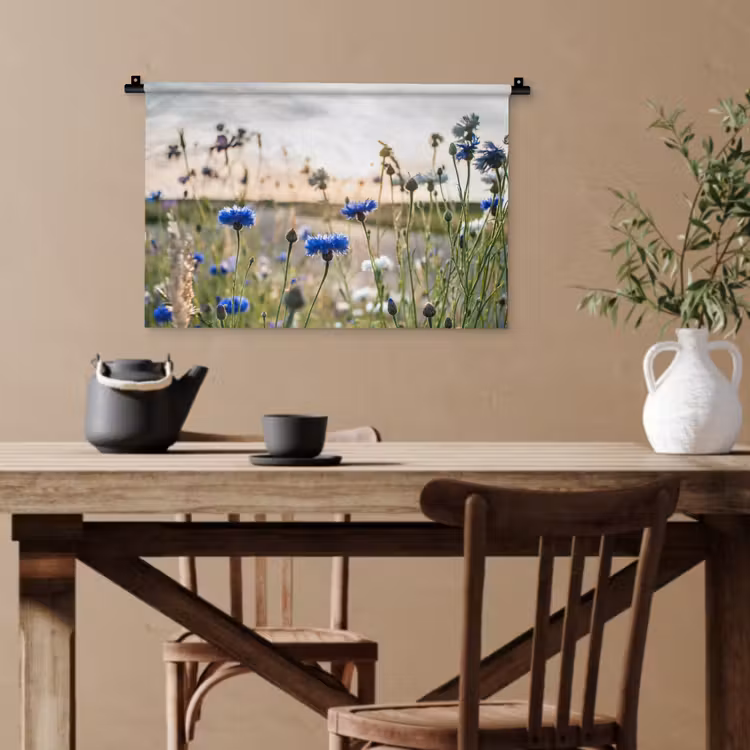 Bloemen - Zomer - Korenbloem - Blauw - Zon - Wolken Wandkleed katoen klein -sfeer6