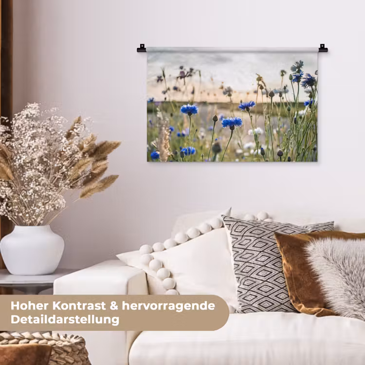 Bloemen - Zomer - Korenbloem - Blauw - Zon - Wolken Wandkleed katoen klein -tsfeer1_DE