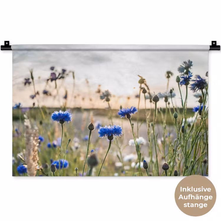 Bloemen - Zomer - Korenbloem - Blauw - Zon - Wolken Wandkleed katoen klein -t3d_DE
