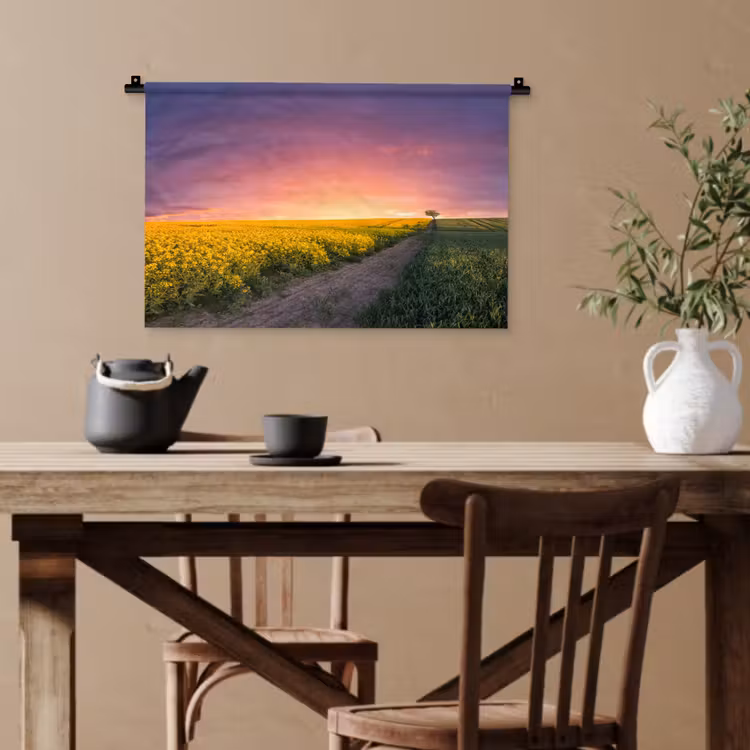 Bloemen - Weg - Lucht - Geel - Paars - Zonsondergang - Natuur Wandkleed katoen klein -sfeer6