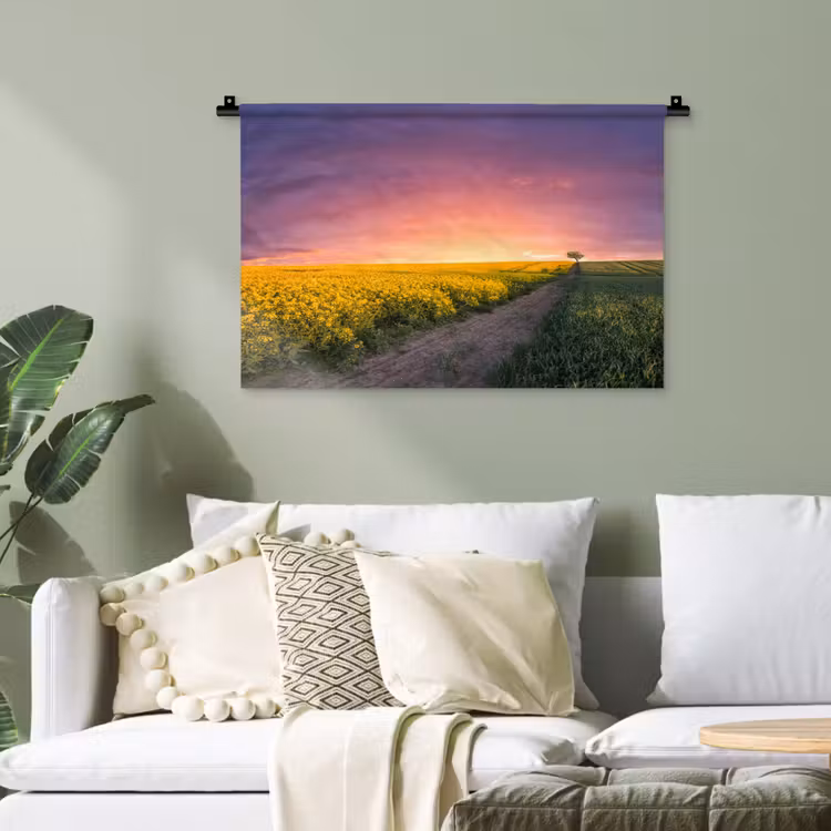 Bloemen - Weg - Lucht - Geel - Paars - Zonsondergang - Natuur Wandkleed katoen klein -sfeer7