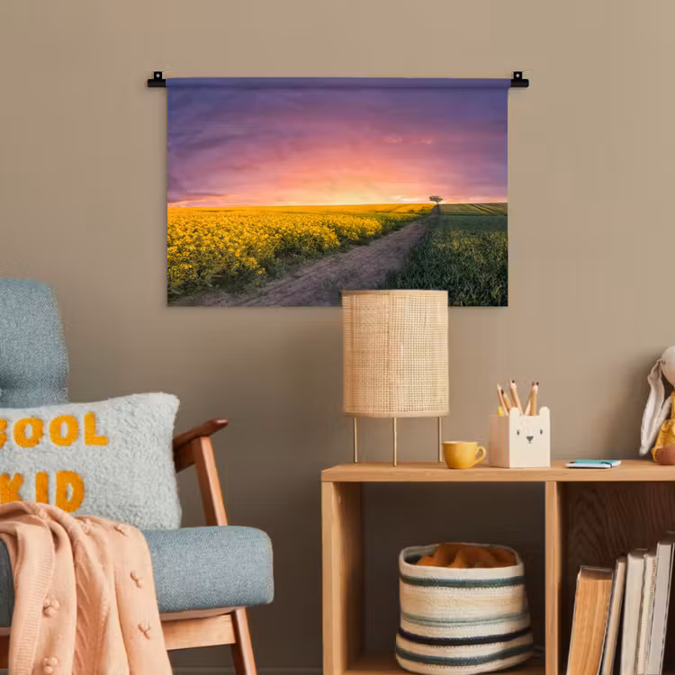 Bloemen - Weg - Lucht - Geel - Paars - Zonsondergang - Natuur Wandkleed katoen klein -wsfeer4_kind