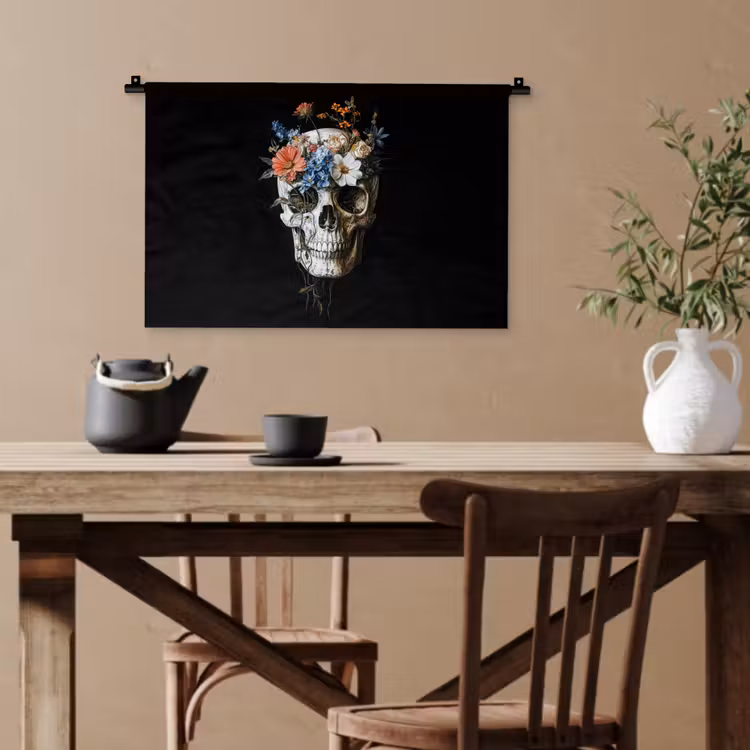 Bloemen - Schedel - Kleurrijk Wandkleed katoen klein -sfeer6