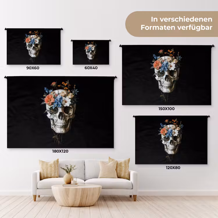Bloemen - Schedel - Kleurrijk Wandkleed katoen klein -tsfeer8_DE