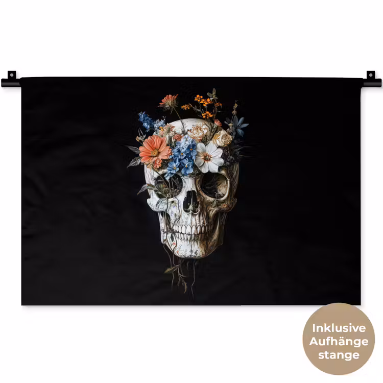 Bloemen - Schedel - Kleurrijk Wandkleed katoen klein -t3d_DE