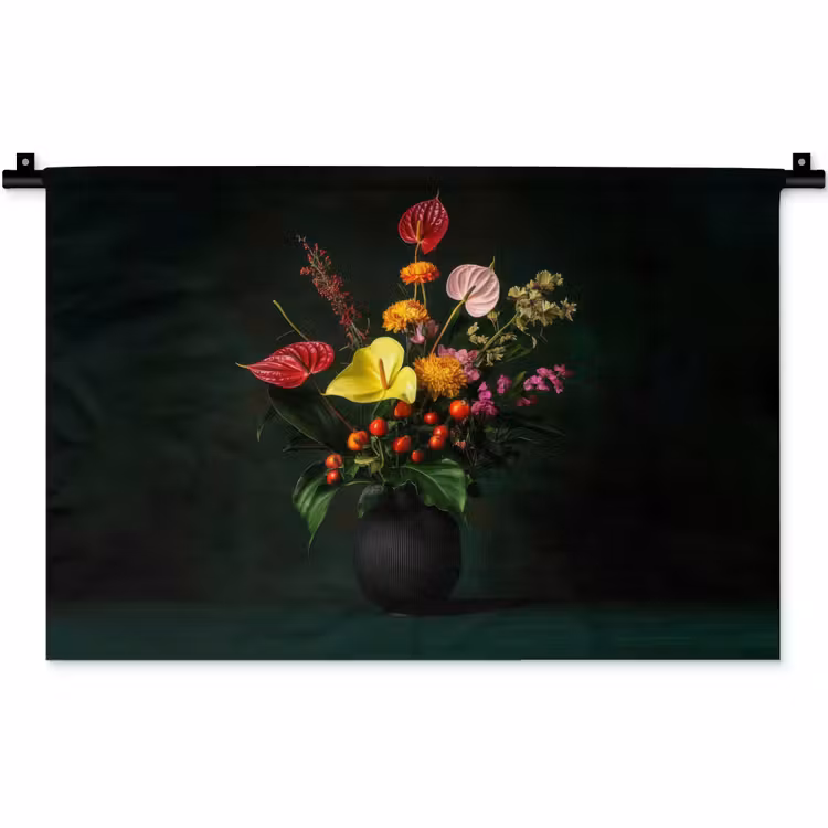 Bloemen - Vaas - Zwart Wandkleed katoen klein -zz3d