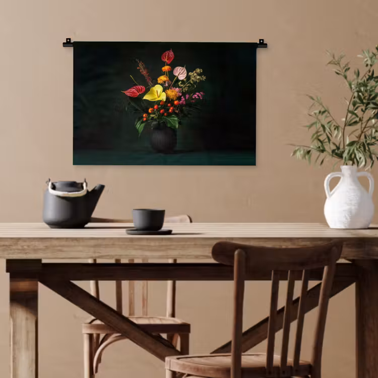 Bloemen - Vaas - Zwart Wandkleed katoen klein -sfeer6