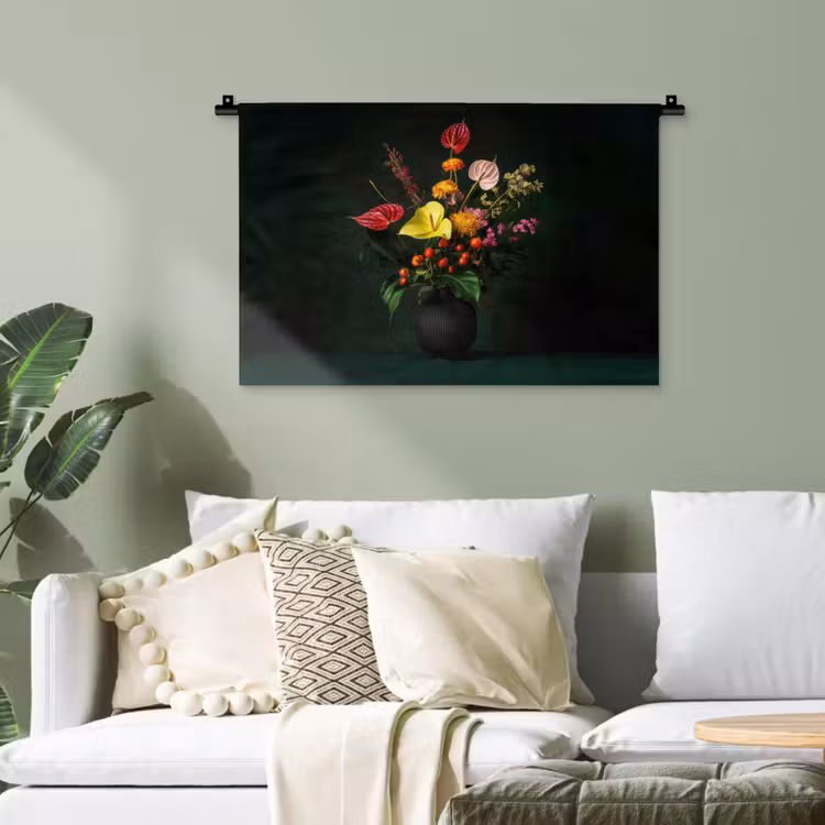 Bloemen - Vaas - Zwart Wandkleed katoen klein -sfeer7