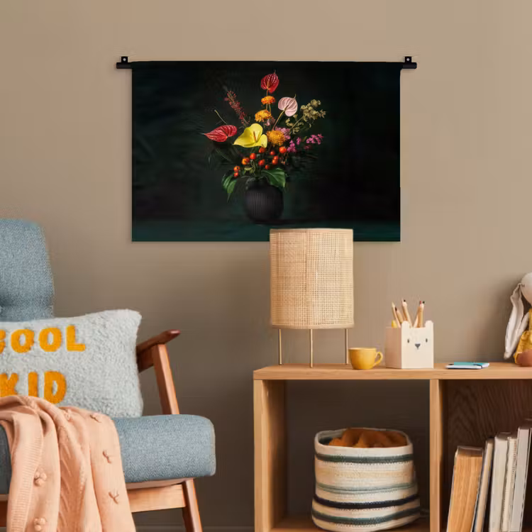 Bloemen - Vaas - Zwart Wandkleed katoen klein -wsfeer4_kind