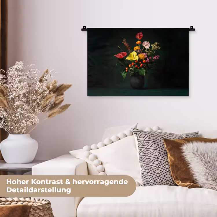 Bloemen - Vaas - Zwart Wandkleed katoen klein -tsfeer1_DE