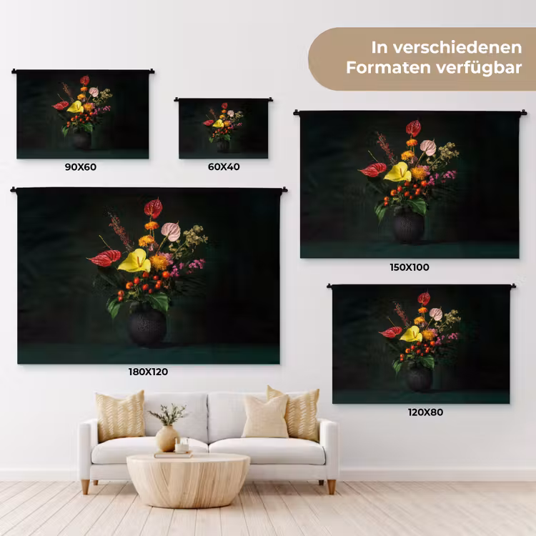 Bloemen - Vaas - Zwart Wandkleed katoen klein -tsfeer8_DE