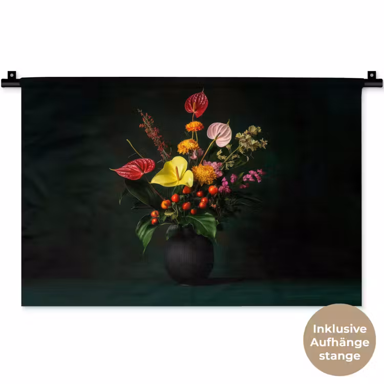 Bloemen - Vaas - Zwart Wandkleed katoen klein -t3d_DE