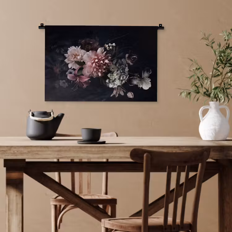 Bloemen - Vintage - Pastel - Zwart - Boeket Wandkleed katoen klein -sfeer6