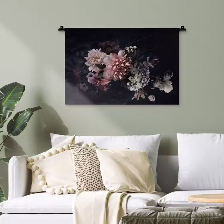 Bloemen - Vintage - Pastel - Zwart - Boeket Wandkleed katoen klein -sfeer7