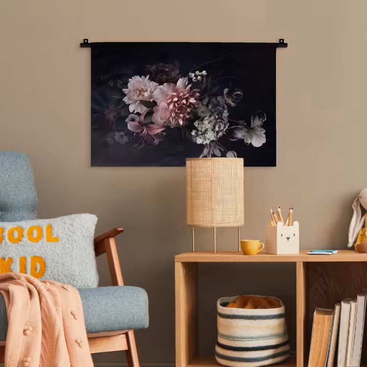 Bloemen - Vintage - Pastel - Zwart - Boeket Wandkleed katoen klein -wsfeer4_kind