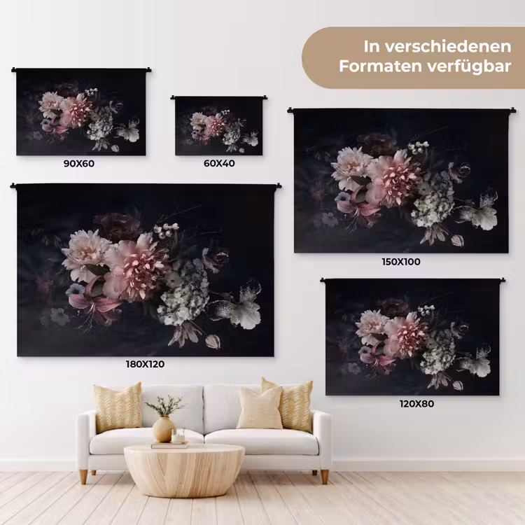 Bloemen - Vintage - Pastel - Zwart - Boeket Wandkleed katoen klein -tsfeer8_DE