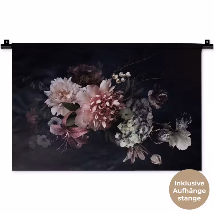 Bloemen - Vintage - Pastel - Zwart - Boeket Wandkleed katoen klein -t3d_DE