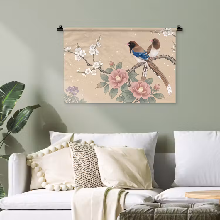 Bloemen - Vogels - Bloemen Wandkleed katoen klein -sfeer7