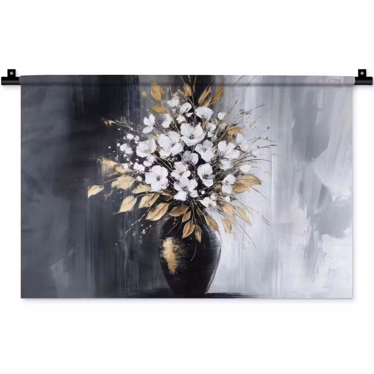 Bloemen - Wit - Vaas - Abstract Wandkleed katoen klein -zz3d