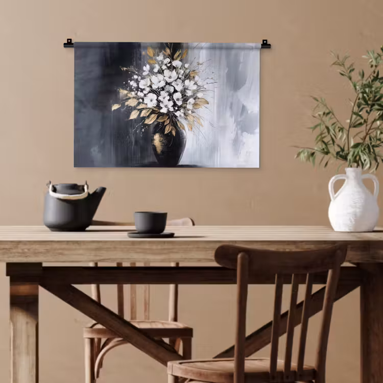 Bloemen - Wit - Vaas - Abstract Wandkleed katoen klein -sfeer6