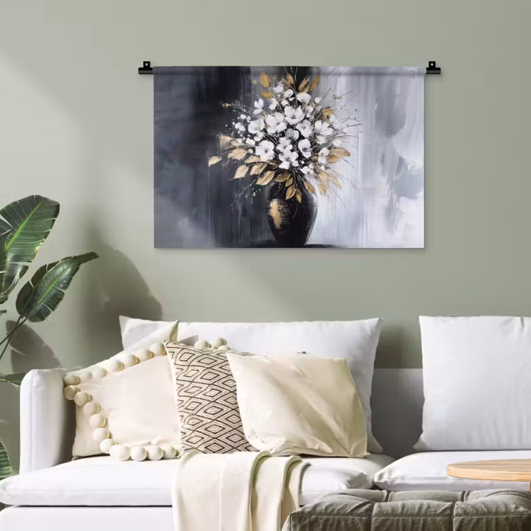 Bloemen - Wit - Vaas - Abstract Wandkleed katoen klein -sfeer7