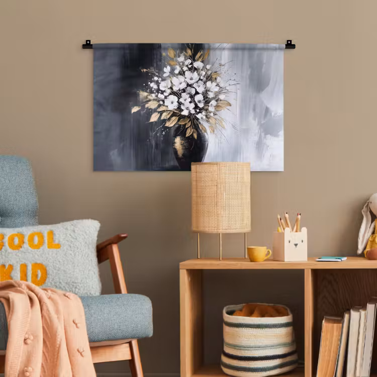 Bloemen - Wit - Vaas - Abstract Wandkleed katoen klein -wsfeer4_kind