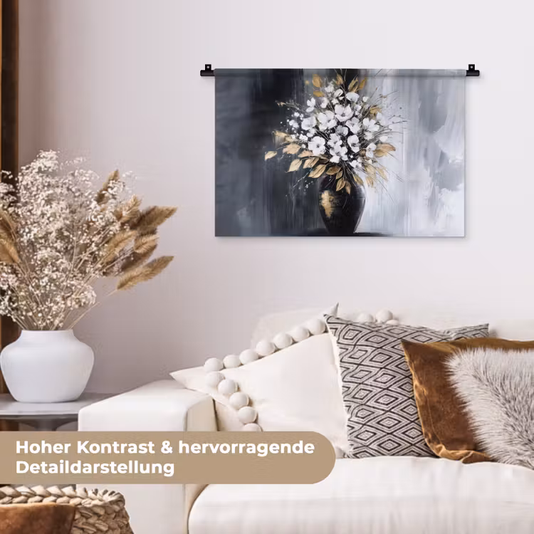 Bloemen - Wit - Vaas - Abstract Wandkleed katoen klein -tsfeer1_DE