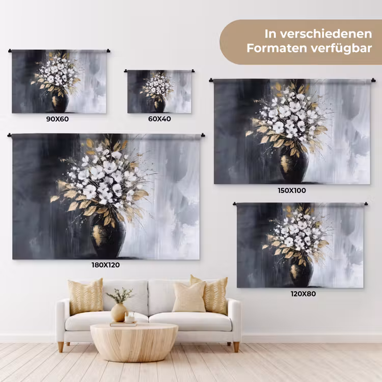 Bloemen - Wit - Vaas - Abstract Wandkleed katoen klein -tsfeer8_DE
