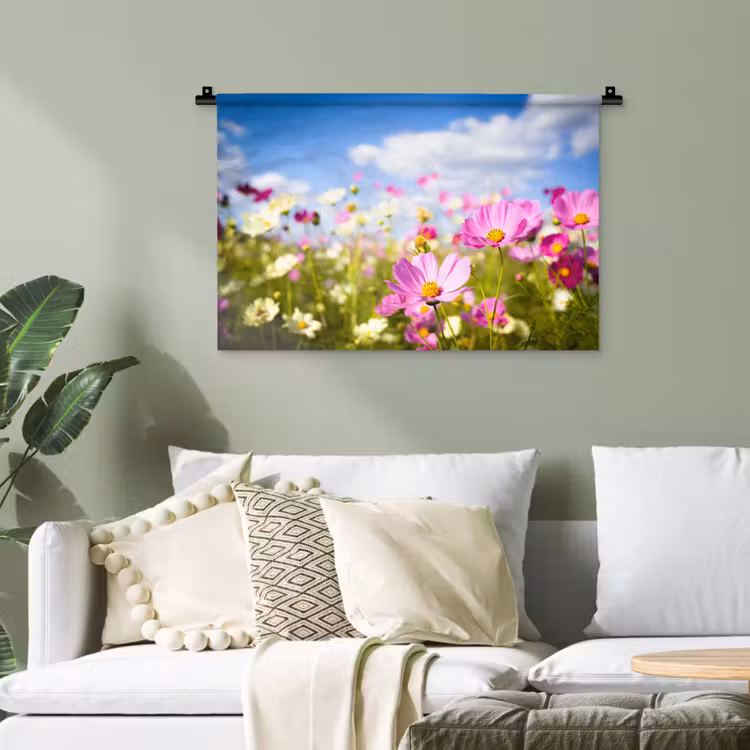 Bloemen - Wei - Paars - Gras - Wit - Wolken - Blauw Wandkleed katoen klein -sfeer7
