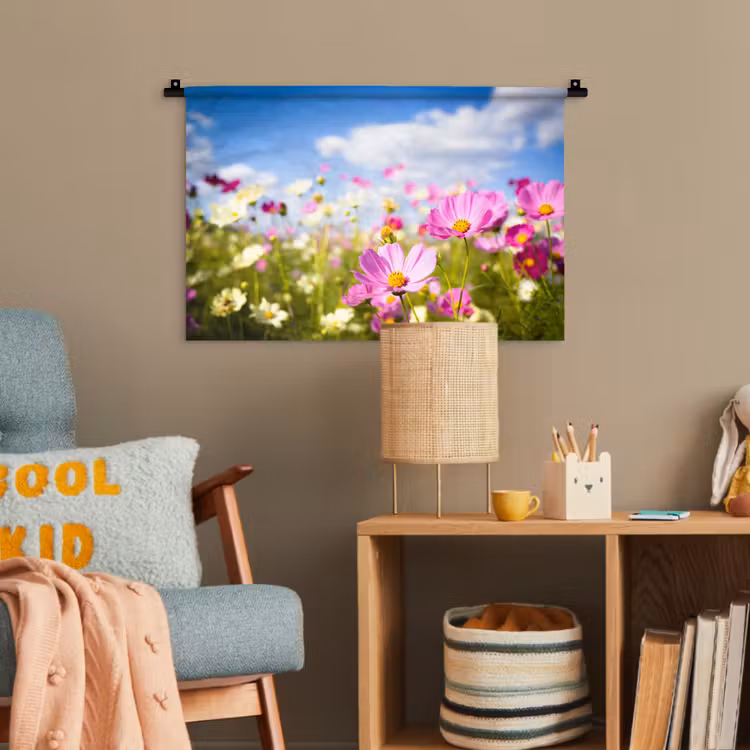 Bloemen - Wei - Paars - Gras - Wit - Wolken - Blauw Wandkleed katoen klein -wsfeer4_kind