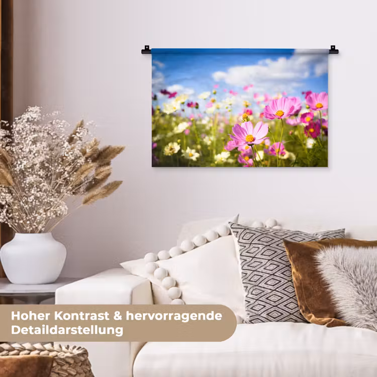 Bloemen - Wei - Paars - Gras - Wit - Wolken - Blauw Wandkleed katoen klein -tsfeer1_DE